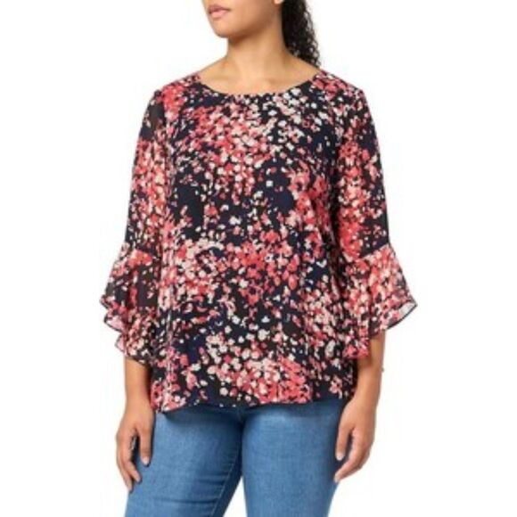 Kasper Tops - Kasper Plus Size Women's Ruffled Cuff 3/4-Sleeve Top Navy Black Coral 2X NEW
